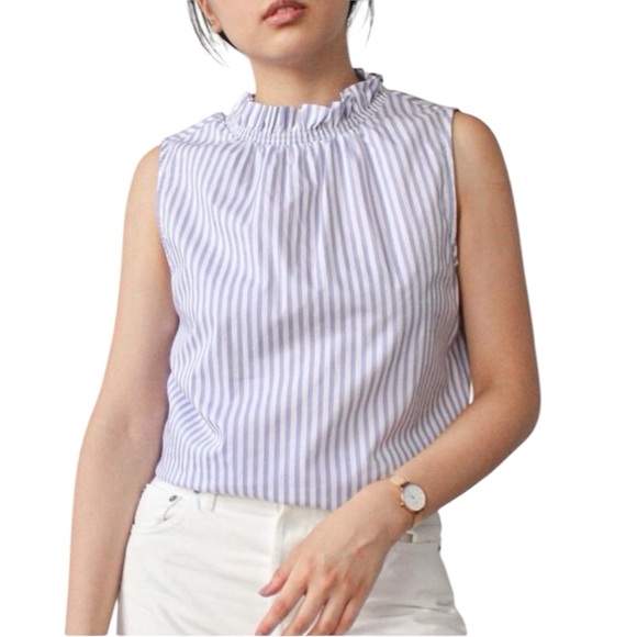 Banana Republic White & Lavender Blue Stripe Ruffle Neck Poplin Top Size Small - Picture 1 of 12